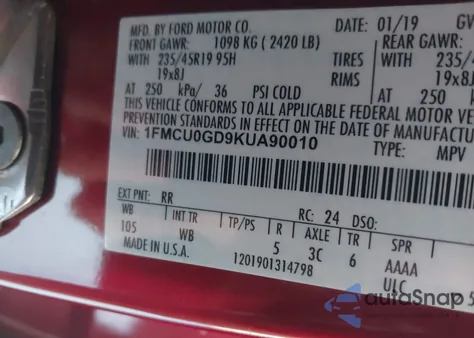 2019 Ford Escape Se from USA, damaged, VIN 1FMCU0GD9KUA90010